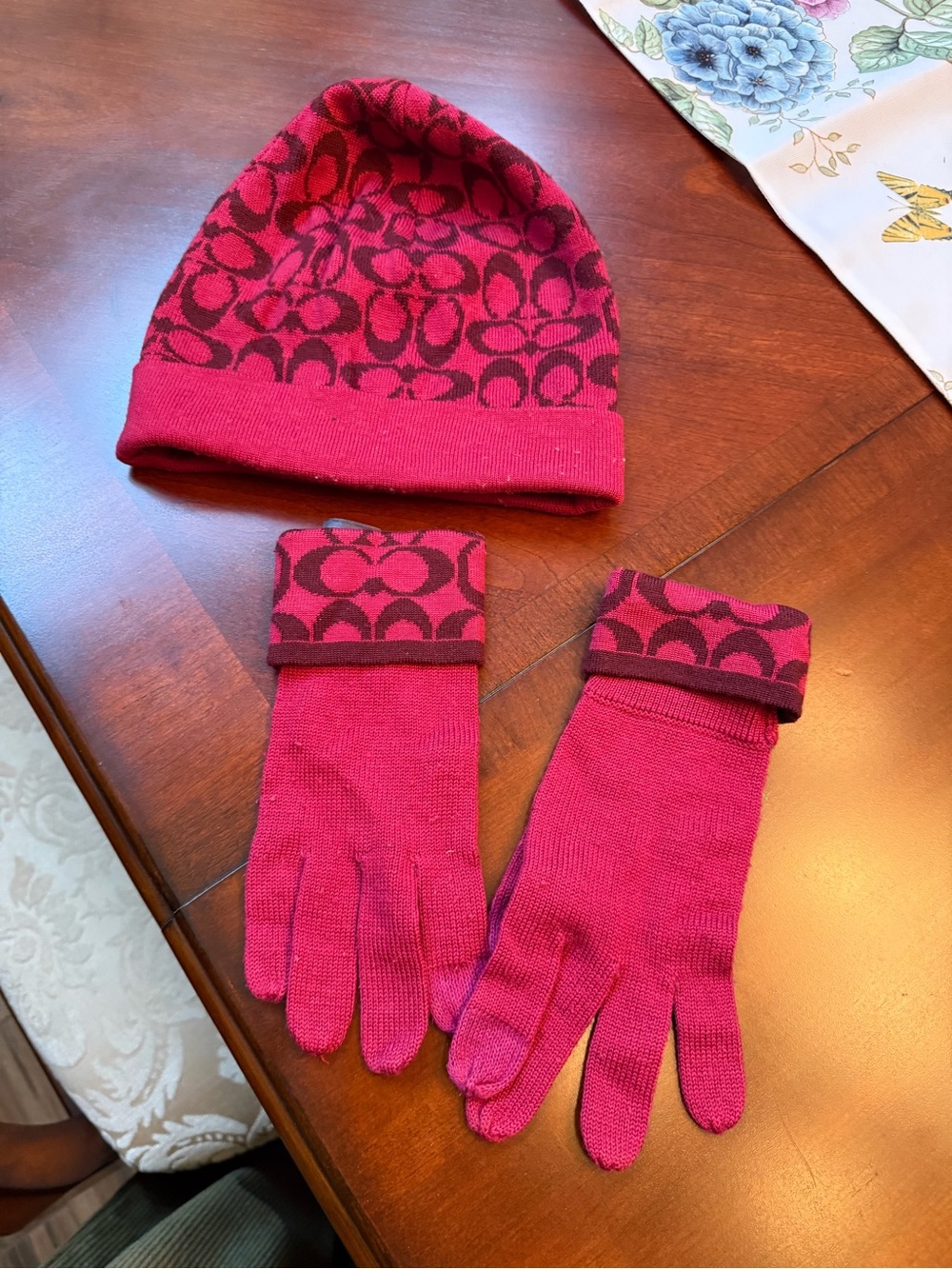 Coach Pink and Dark Pink Signature Knit Beanie & Gloves Set